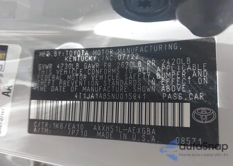 2022 Toyota Avalon Xle Hybrid z USA, uszkodzony, nr VIN 4T1JA1AB5NU015841